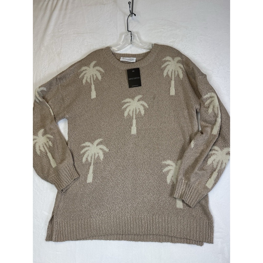 Impressions Womens Beige Palm Tree Lightweight Nubby Knit Sweater Relaxed Med